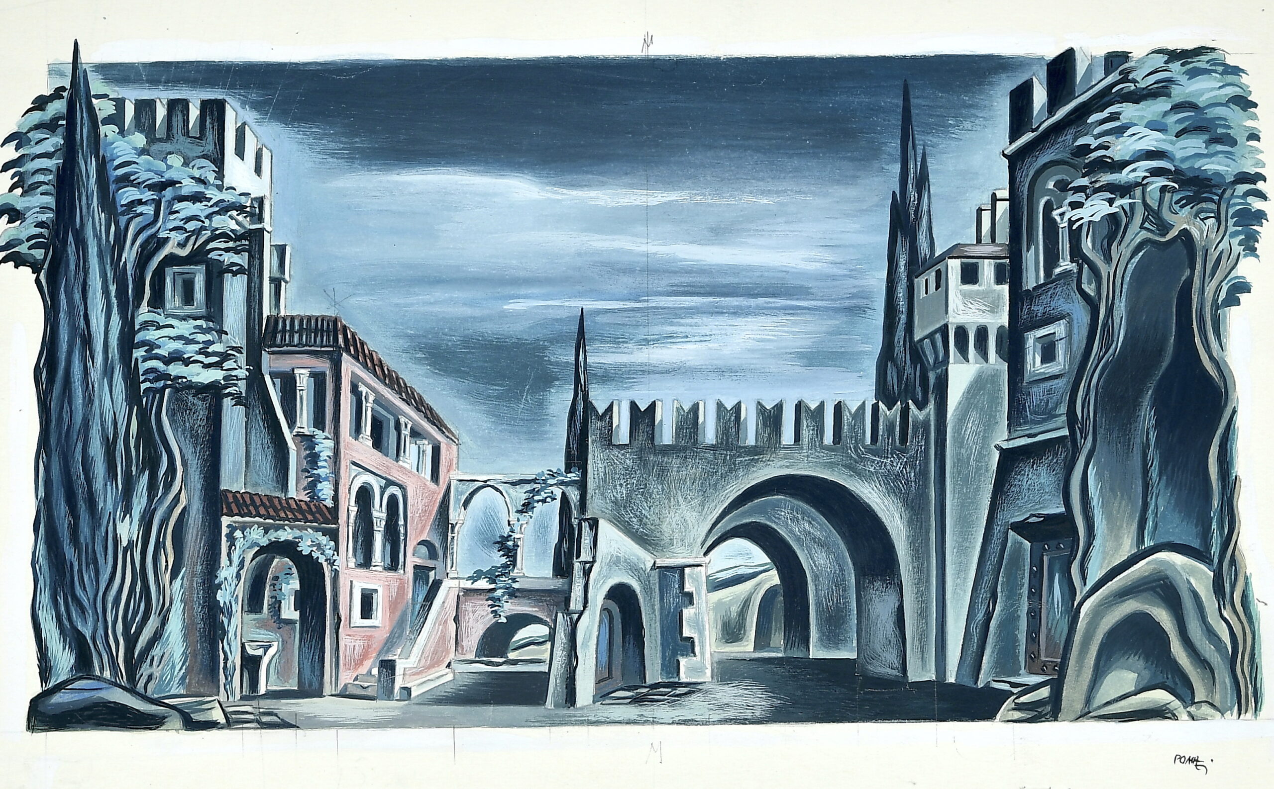 2_Mario Pompei, Rigoletto, scena atto II, Carro dei Tespi Lirico, 1954, tecnica mista su cartoncino, 17,6x31,6 cm, Archivio Pompei, Bologna